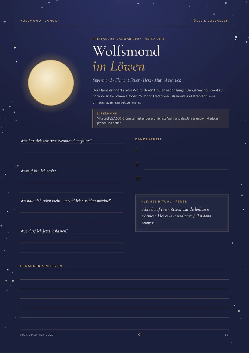Mondplaner 2027: Vollmond-Seite Wolfsmond