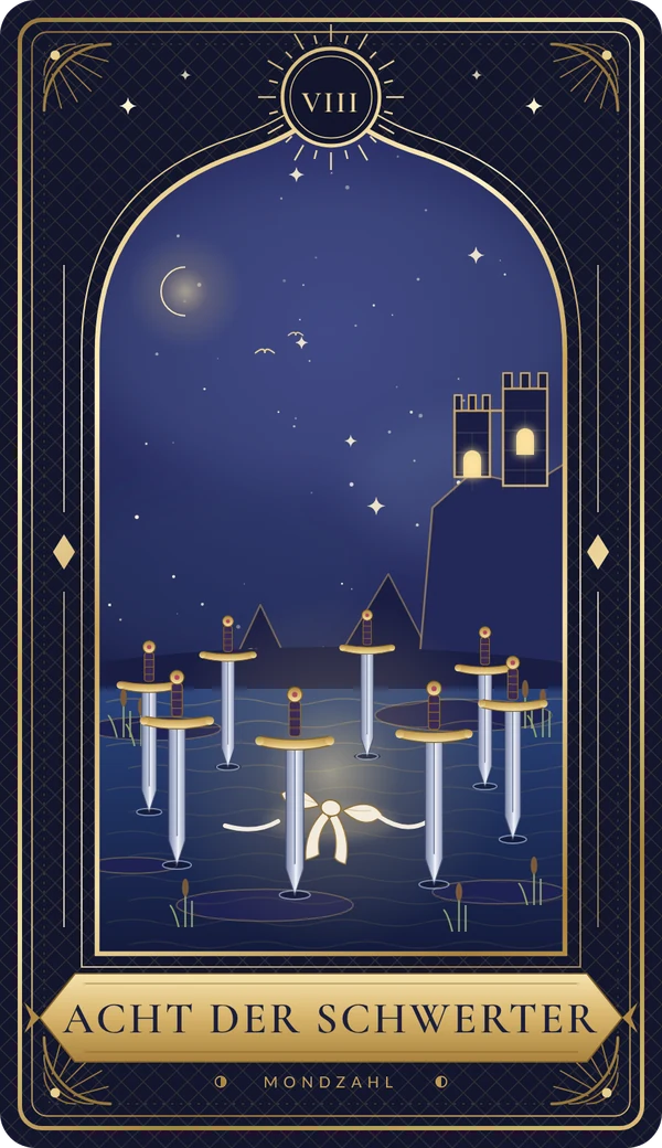 Tarotkarte Acht der Schwerter im Mondzahl-Design