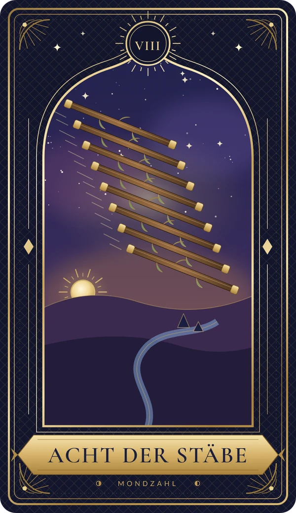 Tarotkarte Acht der Stäbe im Mondzahl-Design