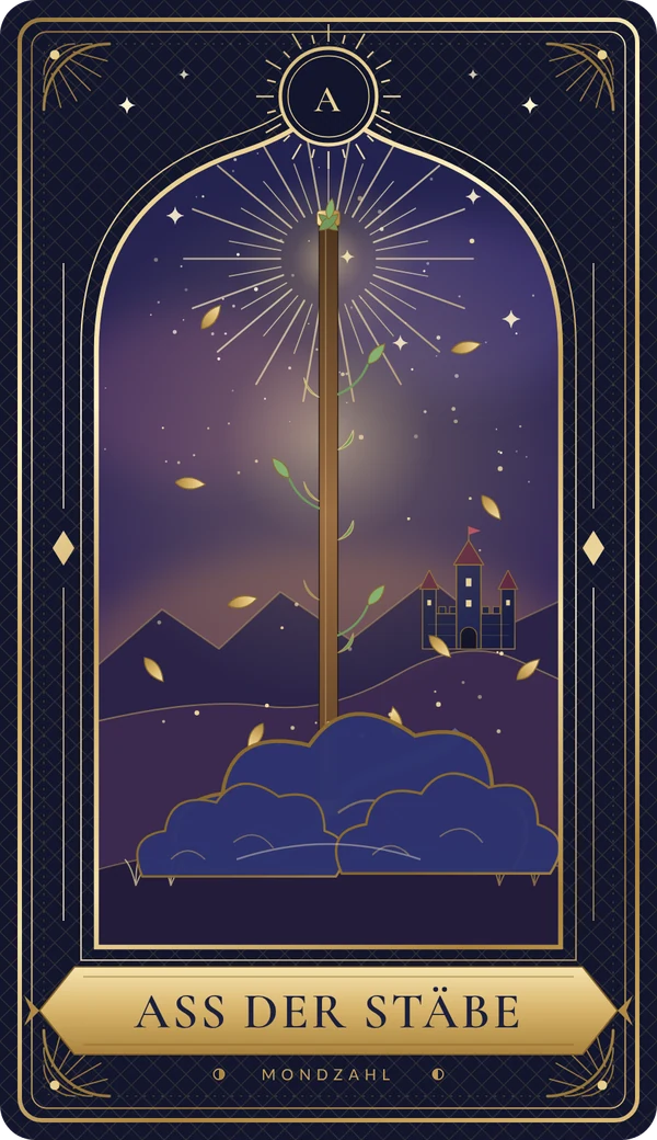 Tarotkarte Ass der Stäbe im Mondzahl-Design