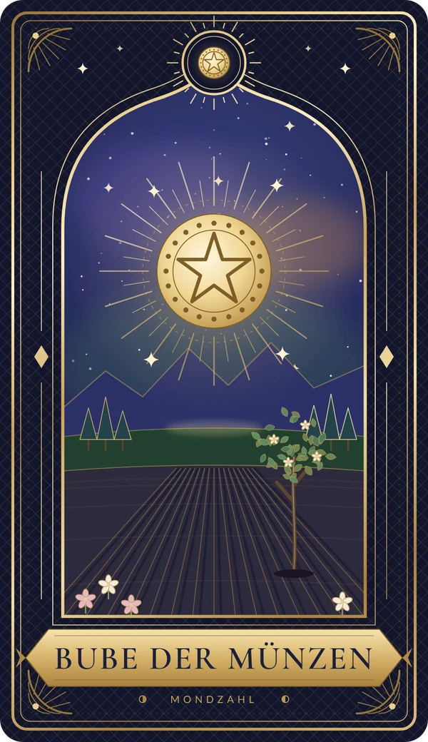 Tarotkarte Bube der Münzen im Mondzahl-Design