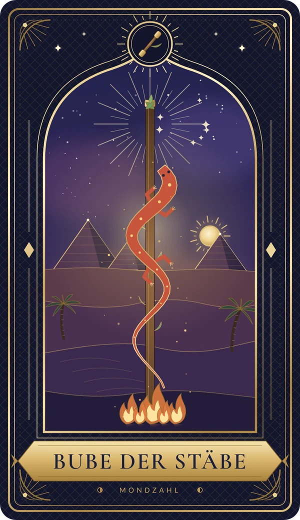 Tarotkarte Bube der Stäbe im Mondzahl-Design