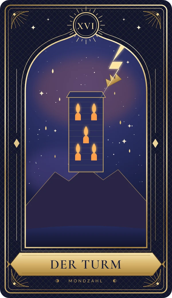 Tarotkarte XVI Der Turm im Mondzahl-Design