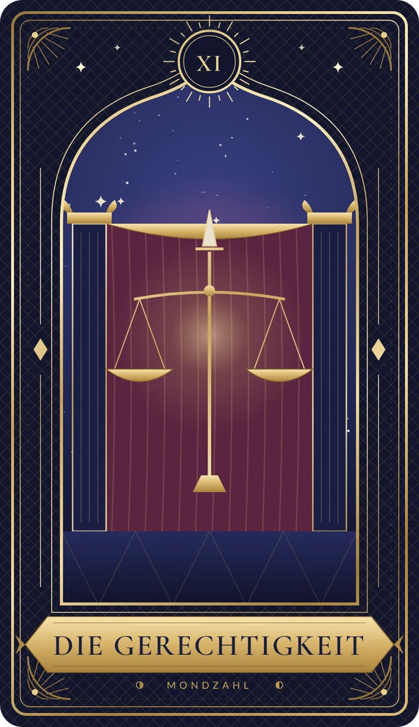 Tarotkarte XI Die Gerechtigkeit im Mondzahl-Design