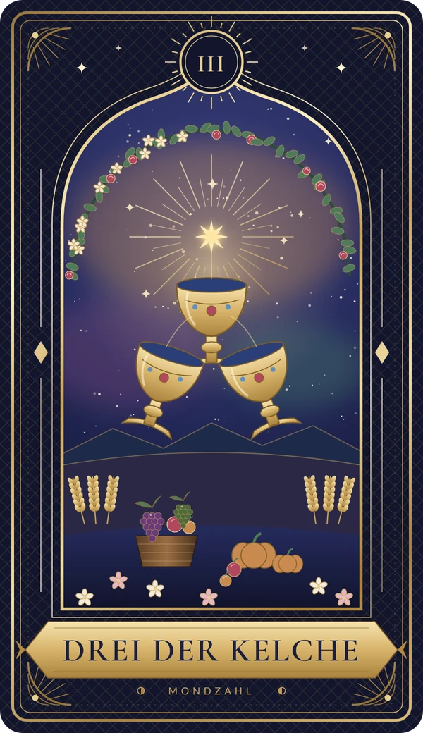 Tarotkarte Drei der Kelche im Mondzahl-Design
