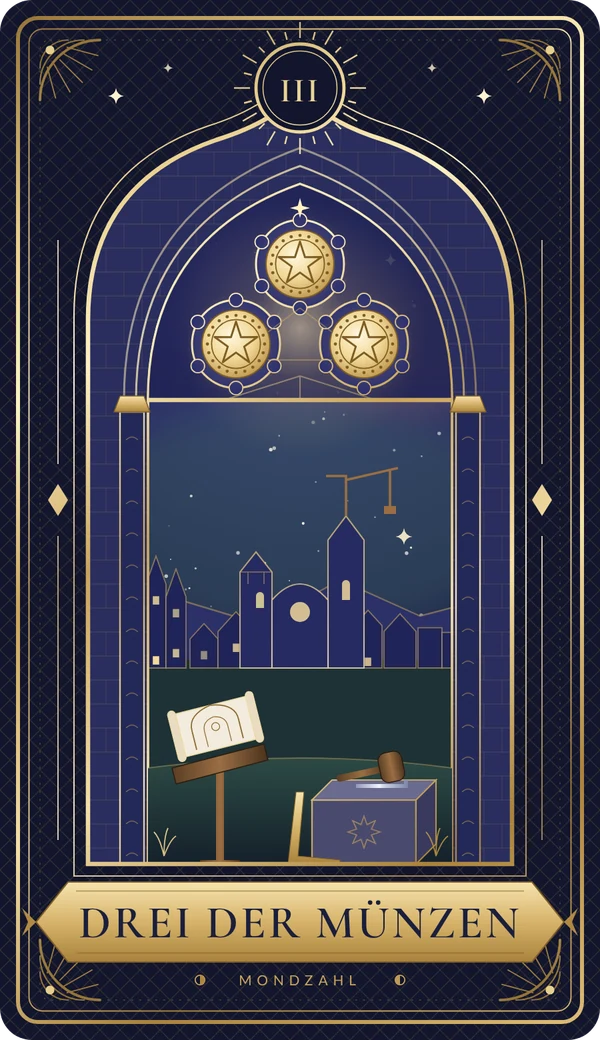 Tarotkarte Drei der Münzen im Mondzahl-Design