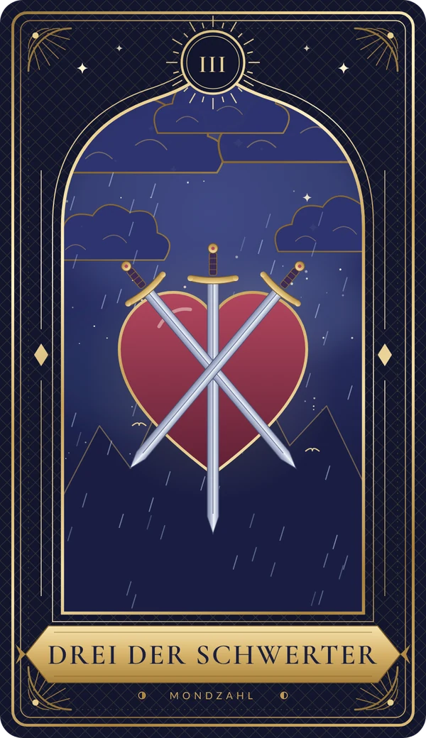 Tarotkarte Drei der Schwerter im Mondzahl-Design