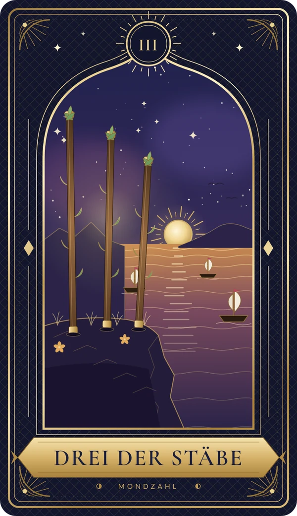 Tarotkarte Drei der Stäbe im Mondzahl-Design
