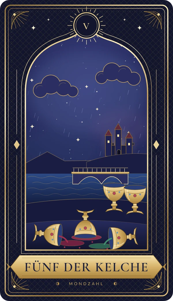 Tarotkarte Fünf der Kelche im Mondzahl-Design