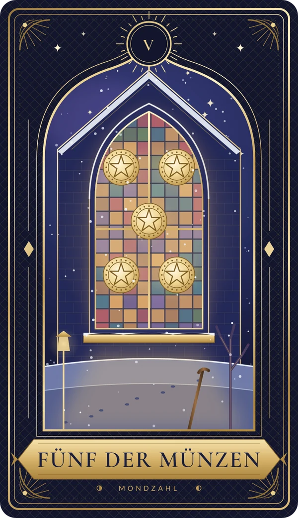 Tarotkarte Fünf der Münzen im Mondzahl-Design