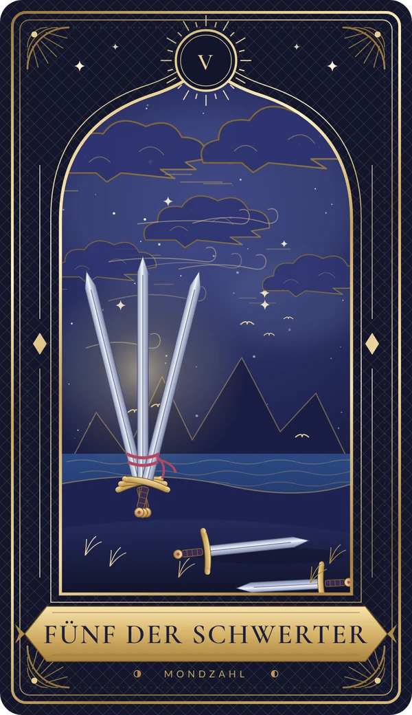 Tarotkarte Fünf der Schwerter im Mondzahl-Design