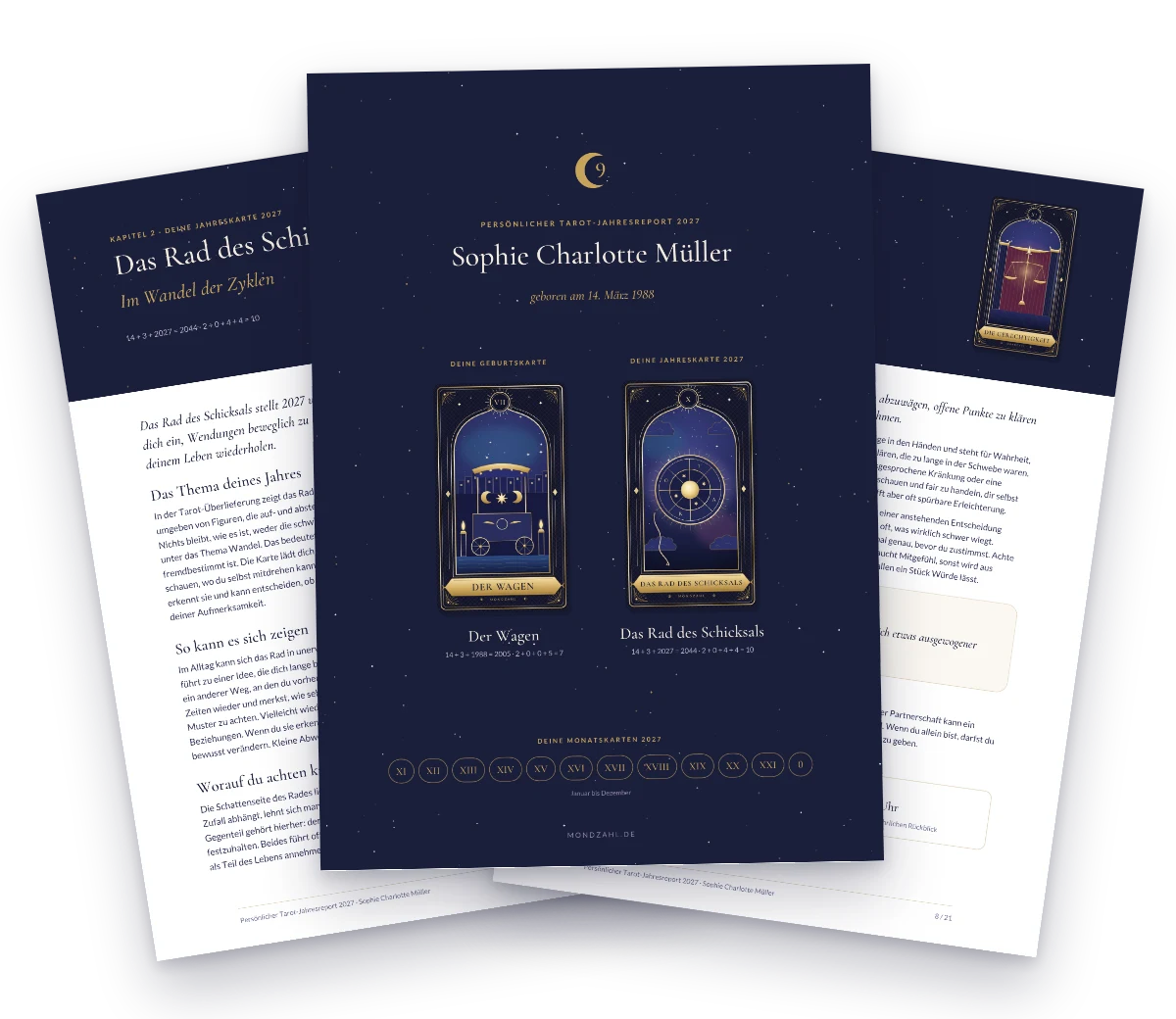 Persönlicher Tarot-Jahresreport 2027: Titelseite, Jahreskarte und eine Monatsseite
