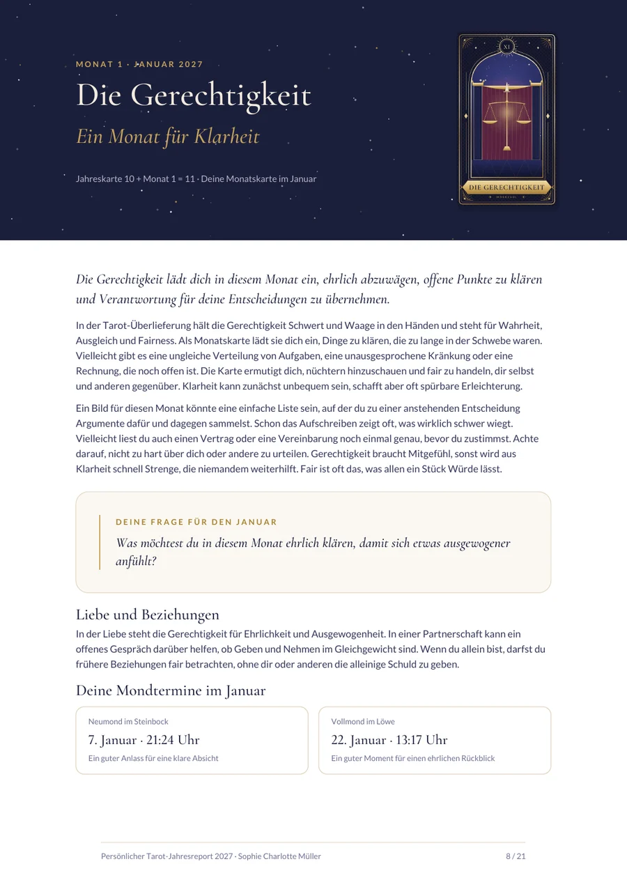 Tarot-Jahresreport: Monatsseite Januar mit Monatskarte und Mondterminen