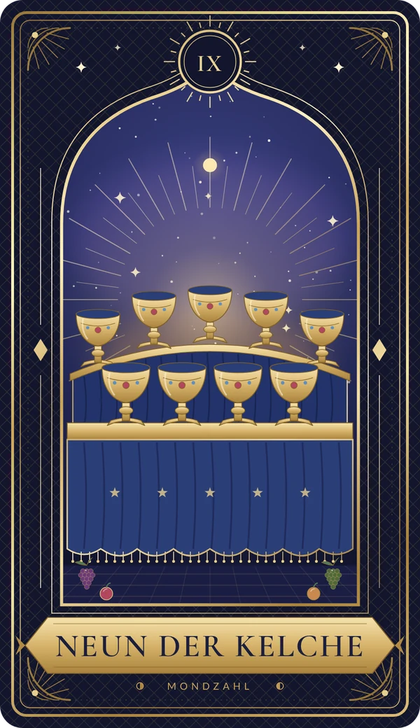 Tarotkarte Neun der Kelche im Mondzahl-Design