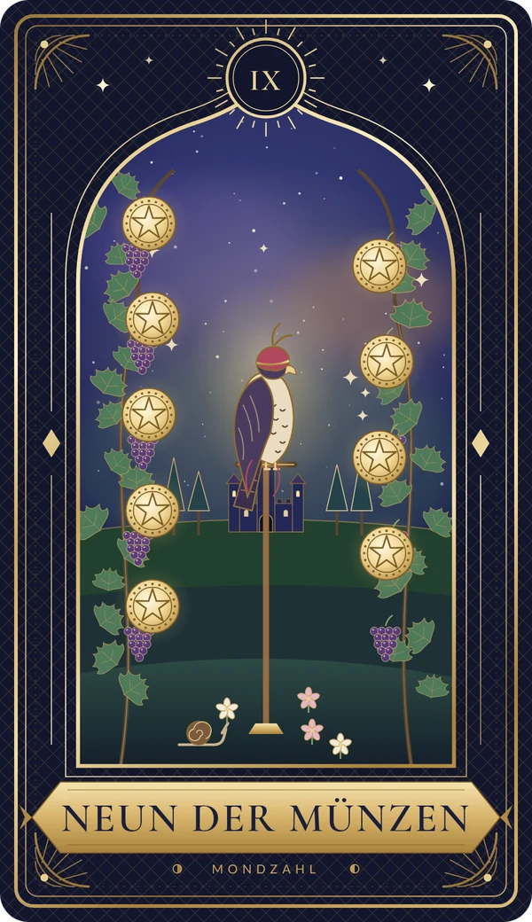 Tarotkarte Neun der Münzen im Mondzahl-Design
