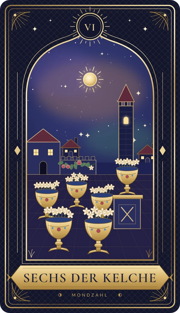 Tarotkarte Sechs der Kelche im Mondzahl-Design