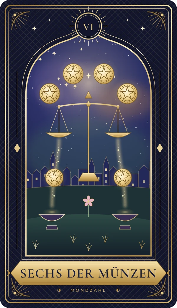 Tarotkarte Sechs der Münzen im Mondzahl-Design