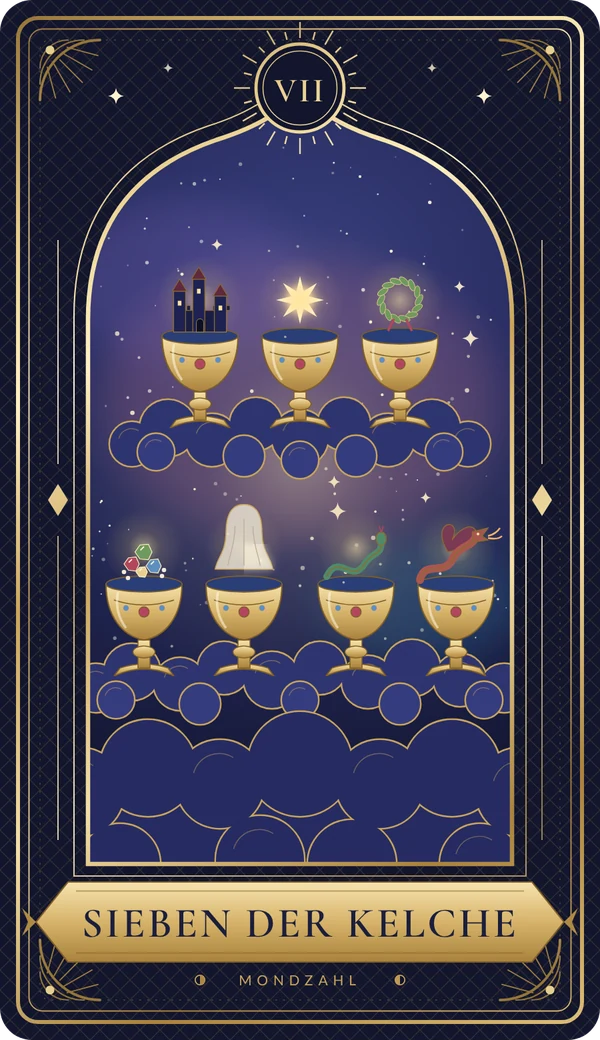Tarotkarte Sieben der Kelche im Mondzahl-Design