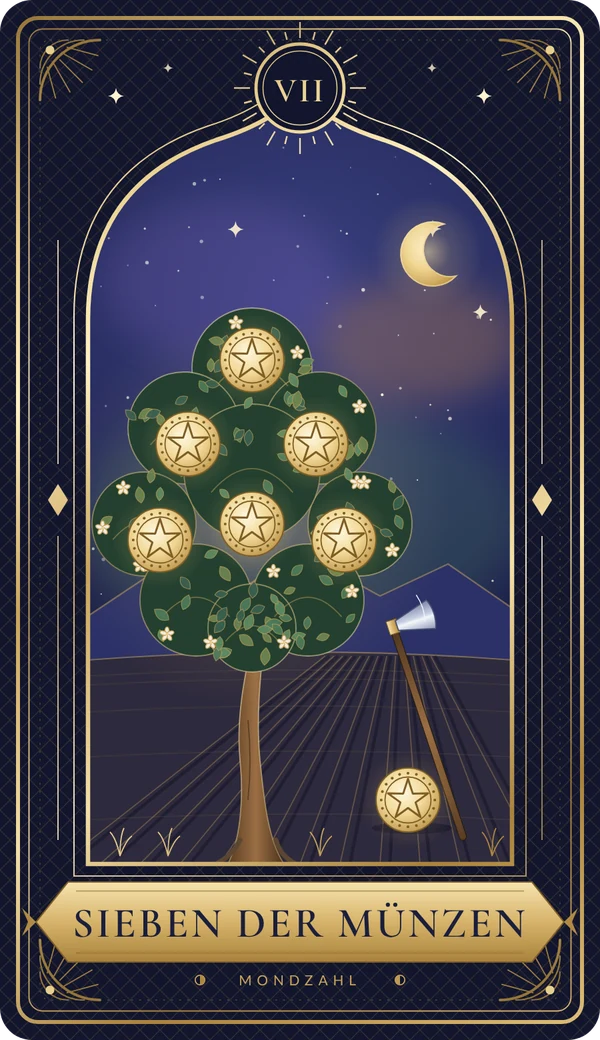 Tarotkarte Sieben der Münzen im Mondzahl-Design