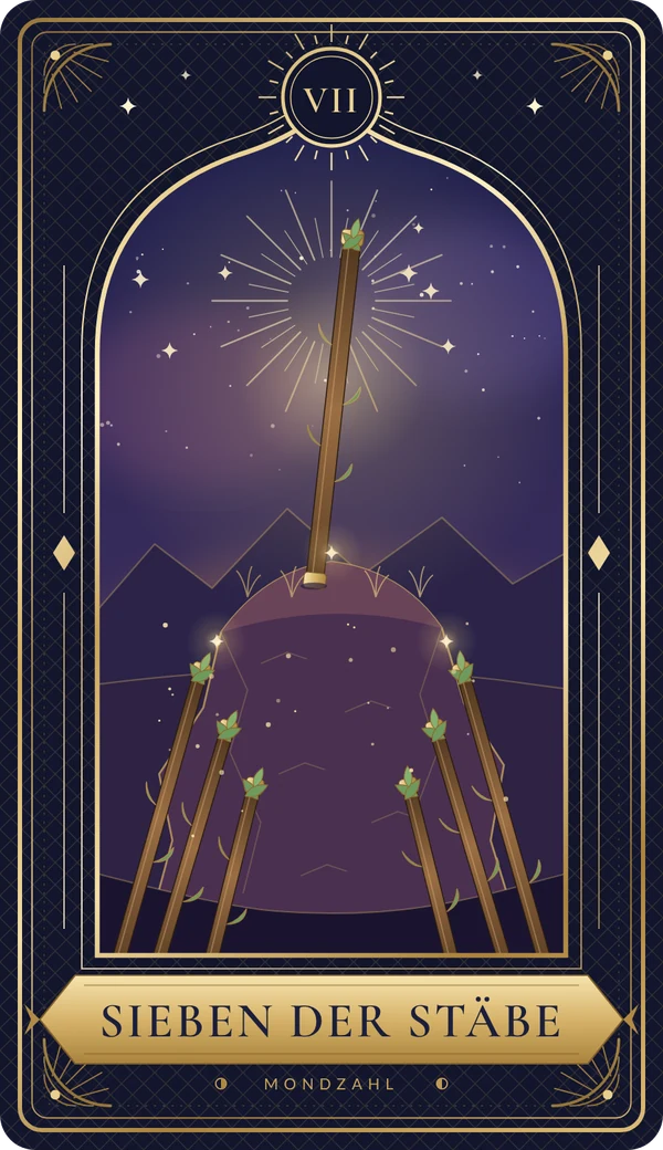 Tarotkarte Sieben der Stäbe im Mondzahl-Design