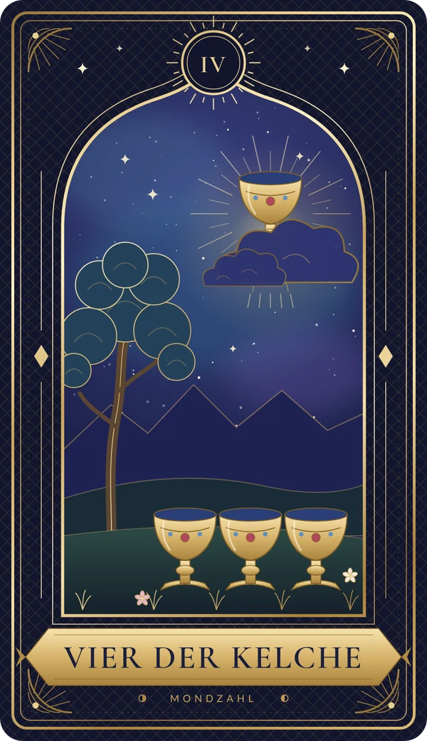 Tarotkarte Vier der Kelche im Mondzahl-Design