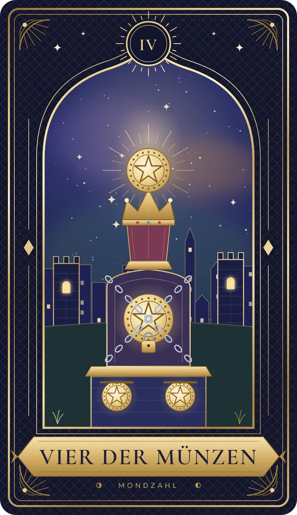 Tarotkarte Vier der Münzen im Mondzahl-Design