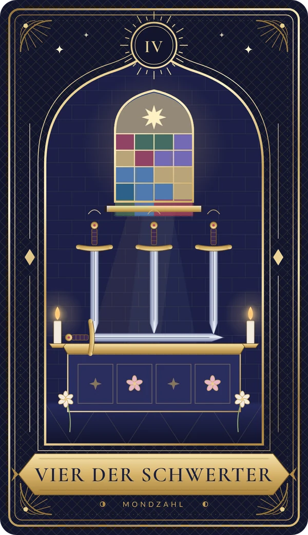 Tarotkarte Vier der Schwerter im Mondzahl-Design