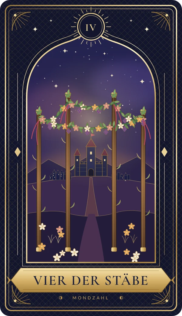 Tarotkarte Vier der Stäbe im Mondzahl-Design