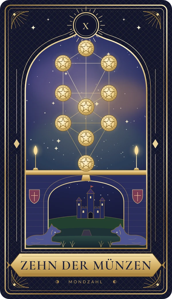 Tarotkarte Zehn der Münzen im Mondzahl-Design