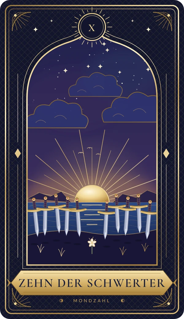 Tarotkarte Zehn der Schwerter im Mondzahl-Design