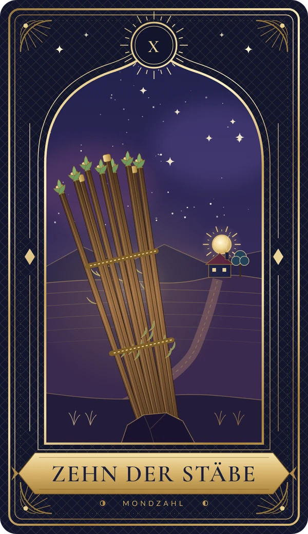 Tarotkarte Zehn der Stäbe im Mondzahl-Design