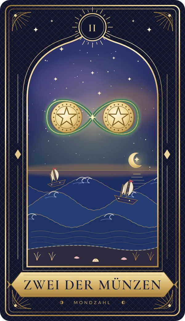 Tarotkarte Zwei der Münzen im Mondzahl-Design