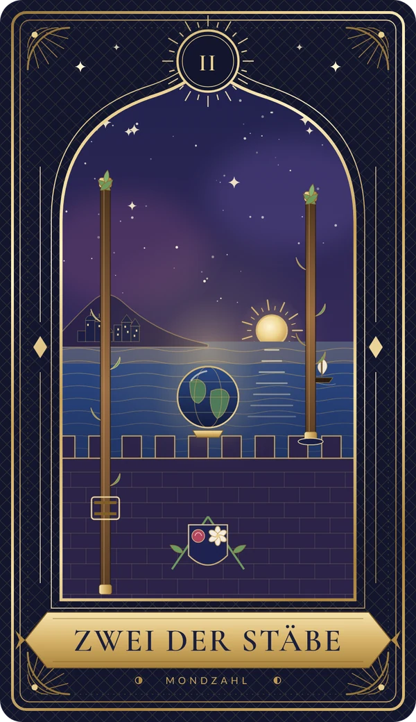 Tarotkarte Zwei der Stäbe im Mondzahl-Design